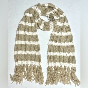 GAP Chunky Cable Knit Scarf w/ Sequin Accents Fringe Beige & White Stripe 70”x8”